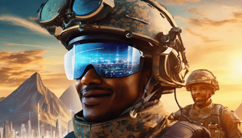 Soldier of the future wearing AR helmet against background of futuristic city.